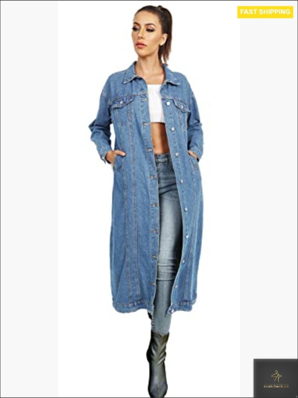 Classic Denim Trench Coat Oversized Loose Fit Long Sleeve Button Down Jacket - Picture 3 of 6